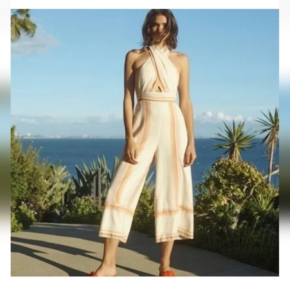 Amanda Uprichard Christie Striped Halter Jumpsuit Size Small Keyhole Front
